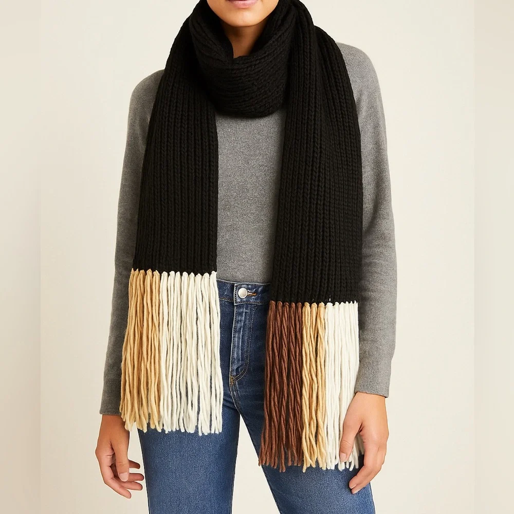 NWOT Anthropologie Chunky Knit‎ Scarf Black with Multicolor Fringe